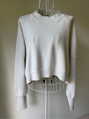 Free People Ivory White Oversized Ribbed Knit Cropped Sweater Cotton Blend SZ L